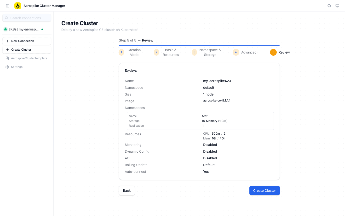 Create Cluster - Step 8 Review